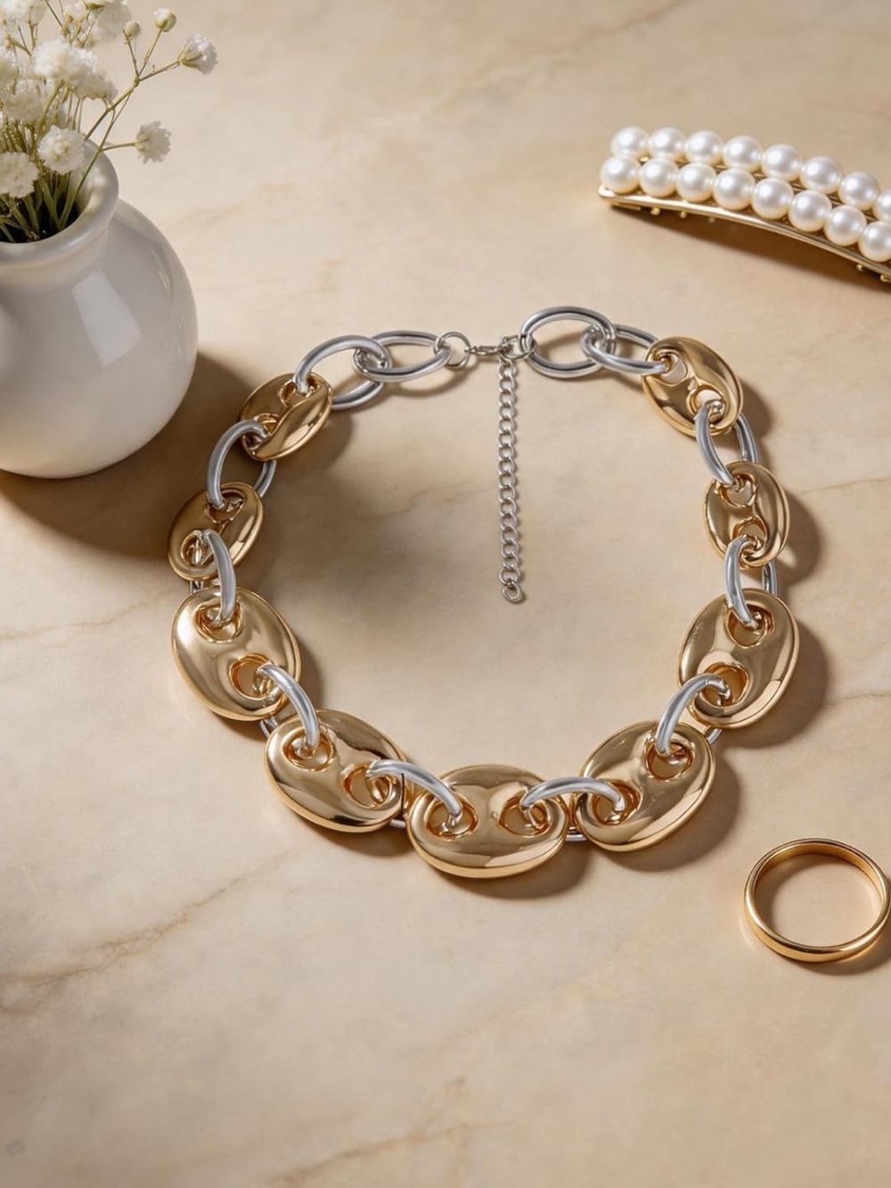 Chunky Gold Silver Link Statement Necklace Two Tone Chain